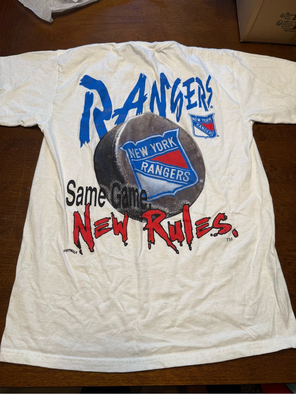 Vintage NUTMEG NEW YORK RANGERS Shirt Single Stitch Large Mens White New Rules
